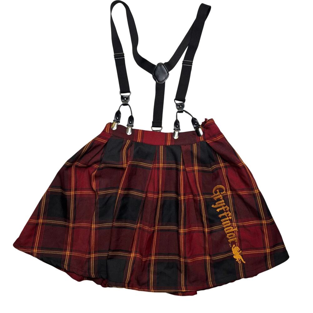 Harry Potter Gryffindor Red Plaid Pleated Suspenders Skirt with Embroidery S